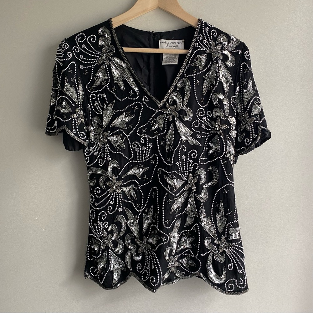 Vintage Sequin Beaded Black Scallop Sleeve Top 100% Silk